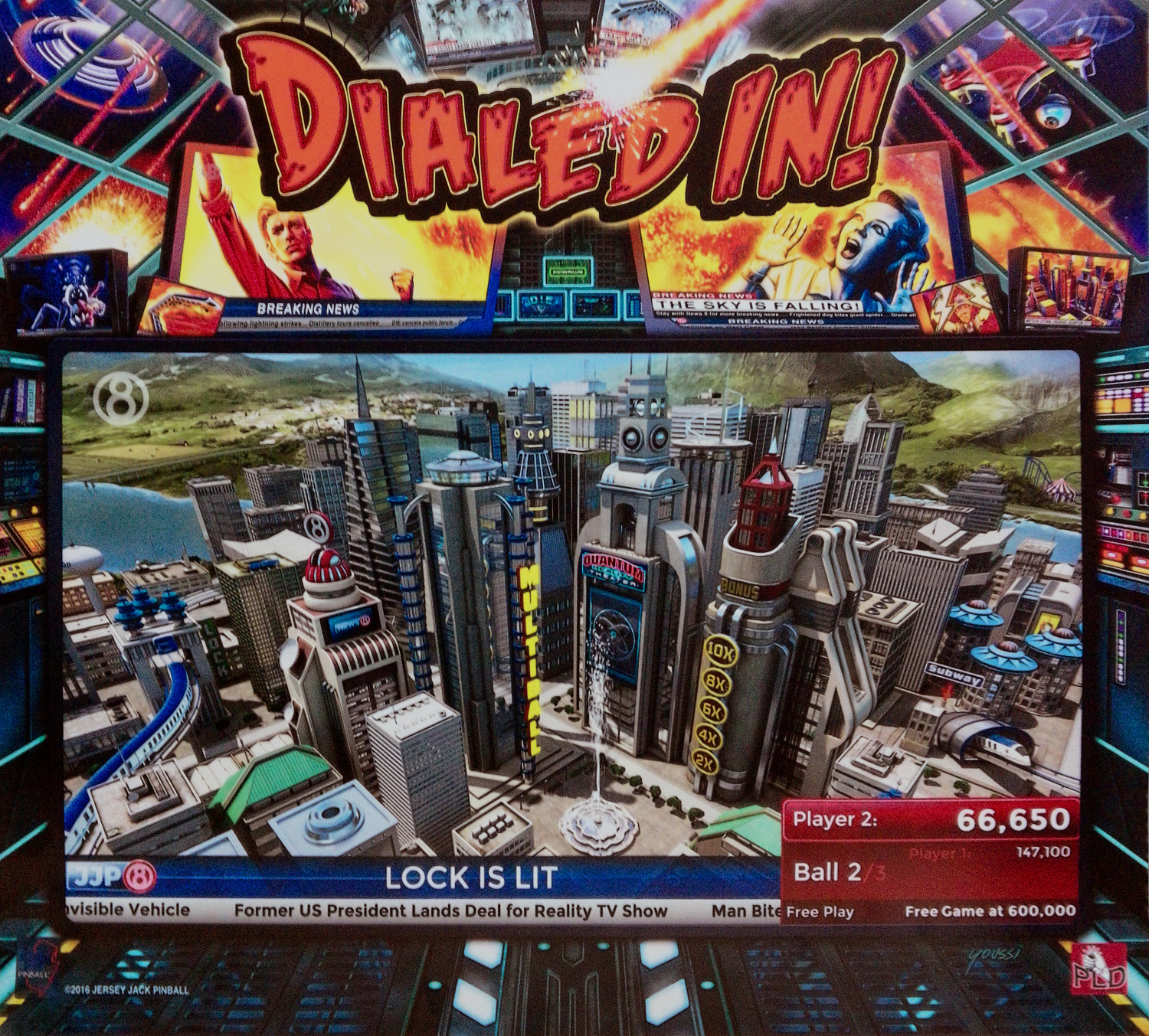 Dialed In! is a pinball machine designed by Pat Lawlor and produced by Jersey Jack Pinball. The Collector's Edition (CE) version offers exclusive features and artwork.