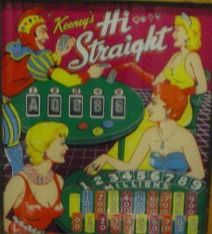 Hi Straight is a vintage pinball machine produced by Keeney in 1959. It features a card game theme with an emphasis on achieving the best poker hands.