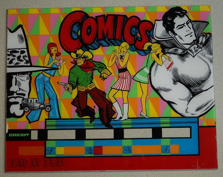 Comics is an electro-mechanical pinball machine released by Rally in 1968. This machine features a comic book theme with vibrant artwork and classic pinball gameplay.