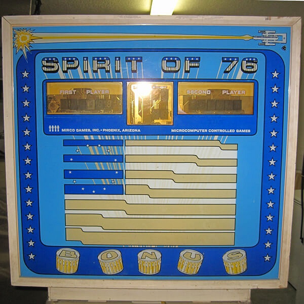 Spirit of 76 is a classic electro-mechanical pinball machine released by Mirco Games in 1974. It features patriotic themes with artwork reflective of the American Revolution.
