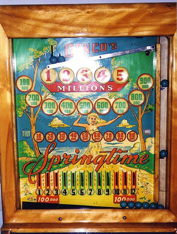 Springtime is a pinball machine produced by Genco in 1952. It features a traditional design typical of early 1950s pinball machines, offering straightforward gameplay with mechanical charms.