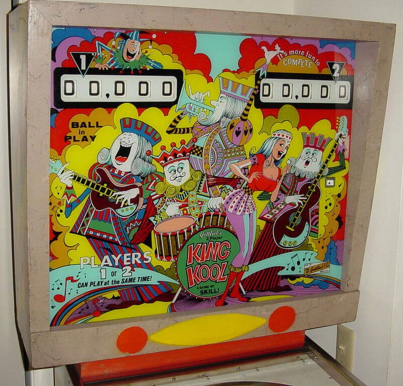 King Kool is a classic electro-mechanical pinball machine released in 1972 by Gottlieb. It features a vibrant and colorful art design, typical of the era, with a deck of playing cards theme.
