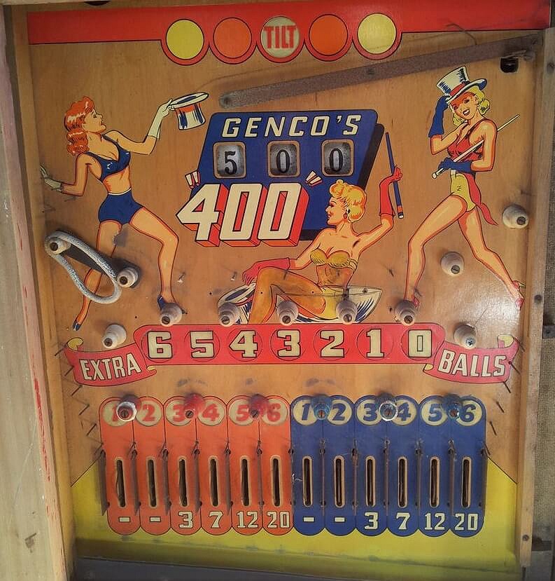 The '400' is a bowling-themed pinball machine designed and manufactured by Genco in 1952. It features artwork that reflects the popular pastime of bowling during the era. This game is part of the electromechanical era of pinball machines.