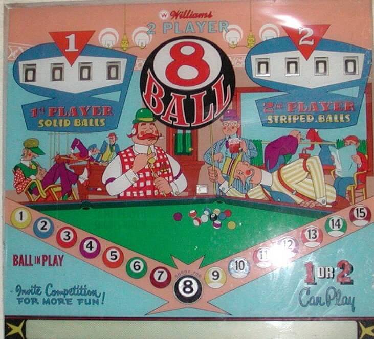 8 Ball is an electromechanical pinball machine released by Williams in 1965. The game features a pool theme, with vibrant artwork and engaging playfield mechanics typical of the era.