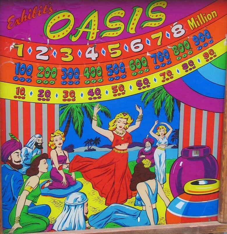 Oasis is a vintage pinball machine manufactured by Exhibit Supply Company in 1950. It features classic design elements typical of the era.