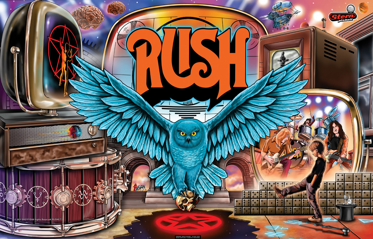 Rush (Pro) is a pinball machine released by Stern in 2021, themed around the iconic rock band Rush. It features artwork, music, and custom voiceovers from band members.