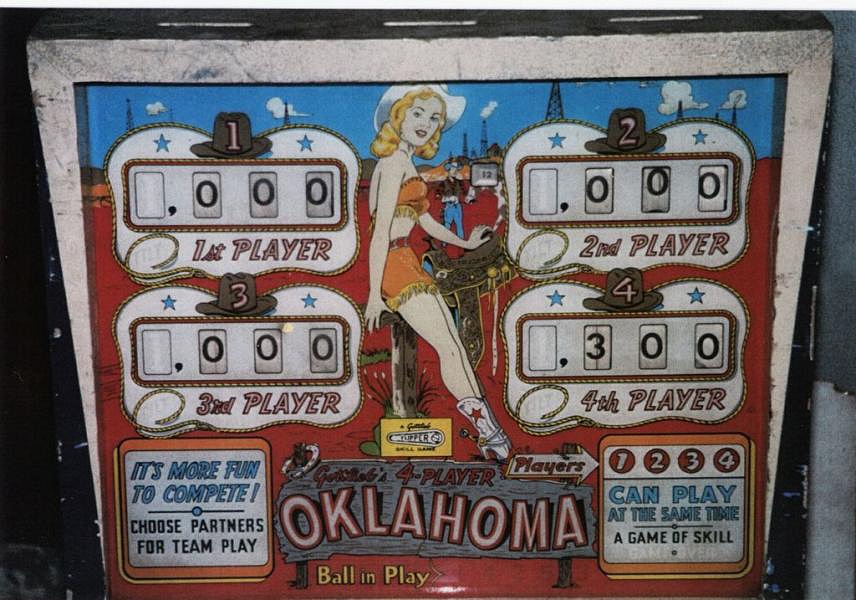 Oklahoma is a vintage pinball machine produced by Gottlieb in 1961. It features a western theme with traditional mechanical components typical of the era.