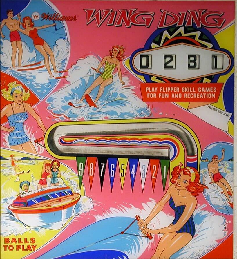Wing Ding is an electro-mechanical pinball machine released by Williams in 1964. With classic features typical of the era, it provides a vintage pinball experience.
