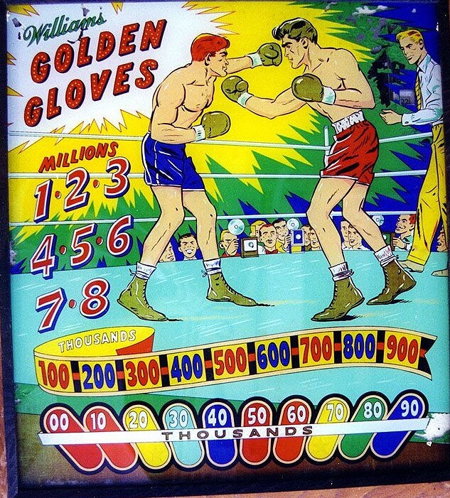 Golden Gloves is a vintage pinball machine produced by Williams in 1959. Known for its boxing theme, the game provides a unique feature of a rotating bumper in the center of the playfield that delivers unpredictable ball movement.