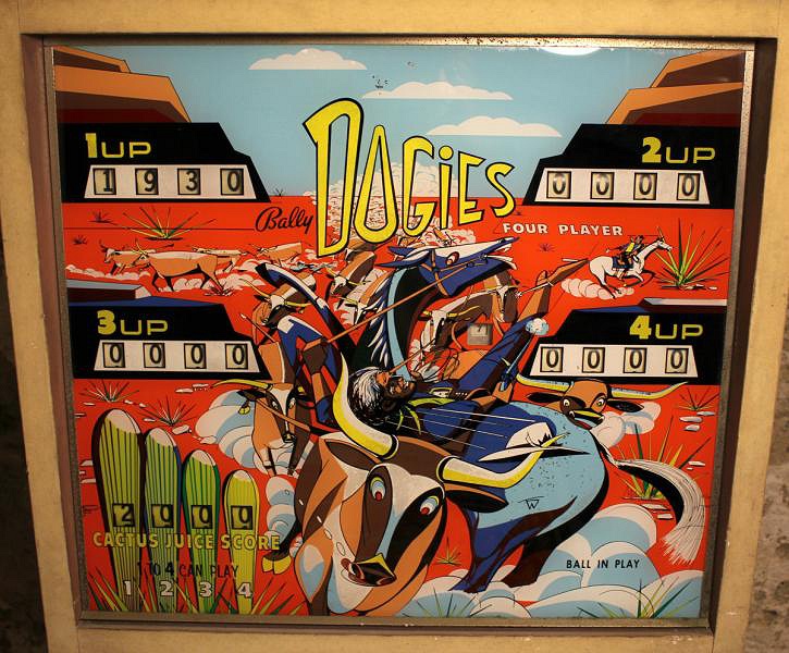 Dogies is an electromechanical pinball machine produced by Bally in 1967. It features a classic Western theme with ranch and cattle drive elements.