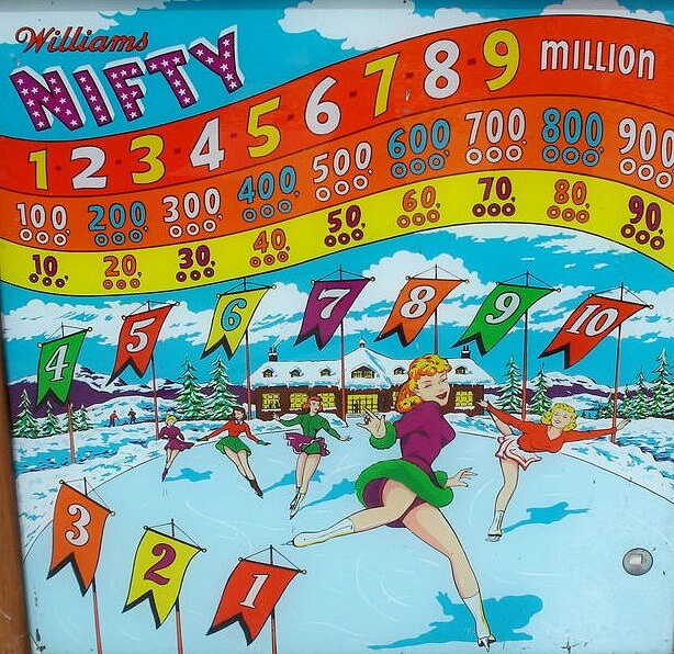 Nifty is a classic pinball machine released by Williams in 1950. It features a traditional electromechanical design typical of its era.