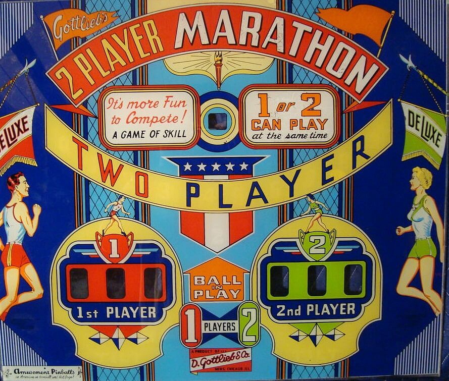 Marathon is a vintage pinball machine manufactured by Gottlieb in 1955. It features classic pinball gameplay with an emphasis on manual flipper control and mechanical scoring.