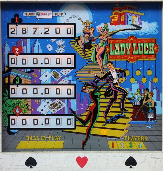 Lady Luck is a vintage pinball machine released by the Spanish manufacturer Recel in 1975. It features a classical design indicative of the era, focusing on mechanical operation with an eye-catching playfield layout.