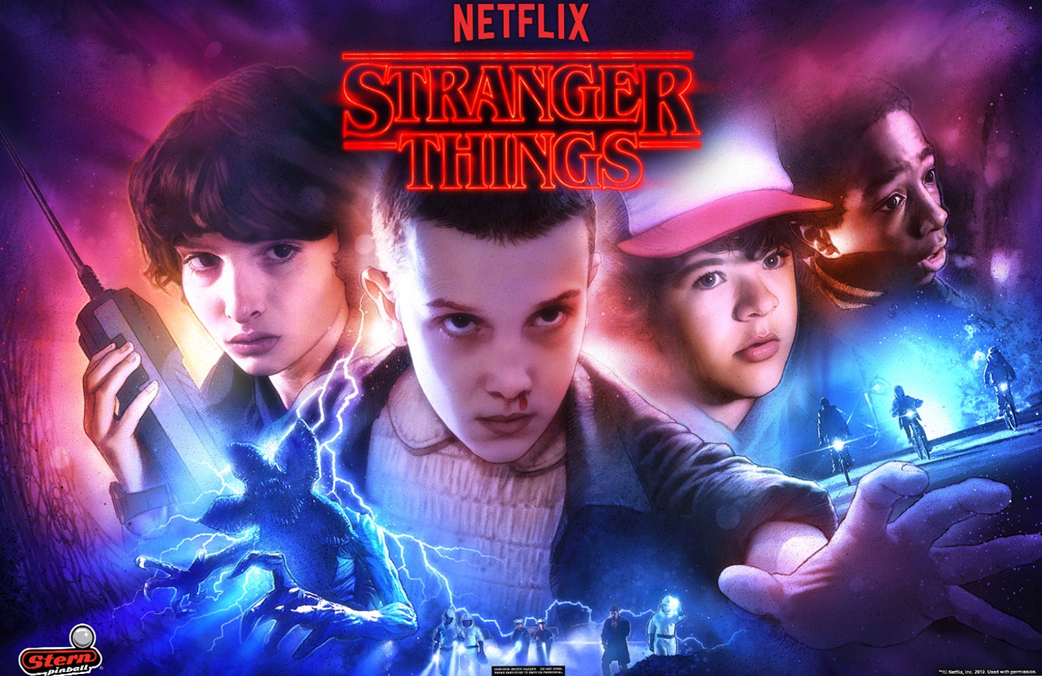 A pinball machine based on the popular Netflix series 'Stranger Things', featuring scenes and graphics from the show.