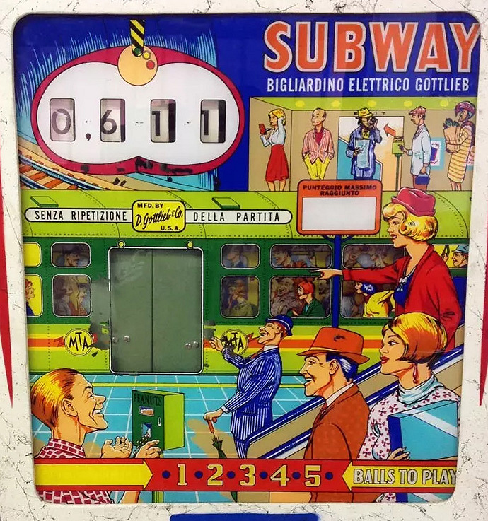 Subway is a vintage pinball machine produced by Gottlieb, released in 1965. It features a classic subway theme with artwork depicting city life and transit.