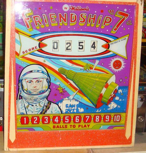 Friendship '7' is a historical pinball machine released by Williams in 1962. It was created to commemorate John Glenn's orbit around the Earth aboard the Friendship 7 space capsule.