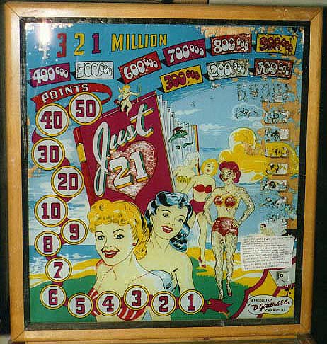Just 21 is a vintage pinball machine designed and manufactured by Gottlieb in 1949. This game carries the nostalgic characteristics of early pinball design, featuring classic bumpers and mechanical scoring.