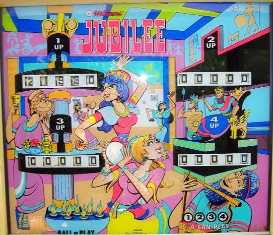 Jubilee is an electro-mechanical pinball machine released by Williams in 1973. It's known for its simple yet engaging gameplay and vibrant artwork.