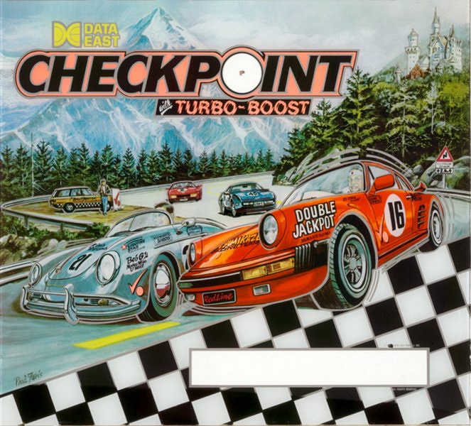 Checkpoint is a racing-themed pinball machine designed by Joe Kaminkow and Ed Cebula, and released by Data East in 1991. It features the first dot matrix display (DMD) in a pinball machine, along with other innovative features like an auto-plunger and several game modes.