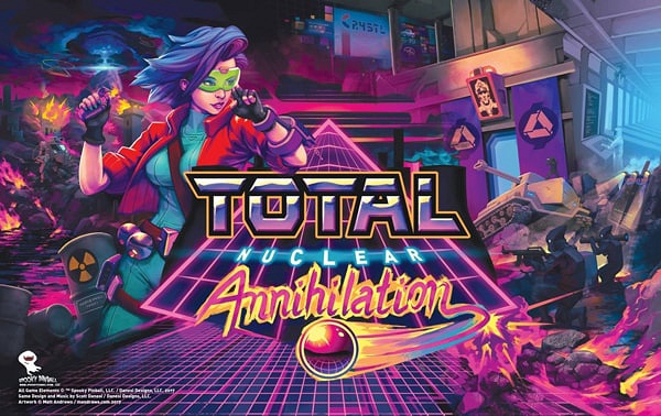 Total Nuclear Annihilation is an 80s-inspired original theme pinball machine developed by Spooky Pinball and designed by Scott Danesi. The game is known for its fast-paced gameplay, captivating synthwave soundtrack, and engaging light shows.