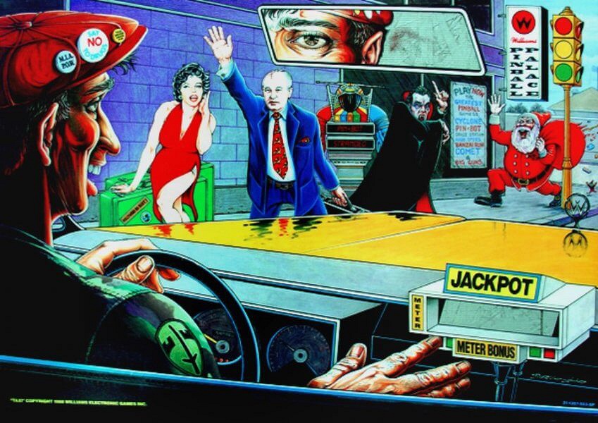 Taxi is a pinball machine designed by Mark Ritchie and released by Williams in 1988. It features a unique taxi theme where players pick up notable passengers like Santa Claus, Dracula, and Marilyn Monroe.