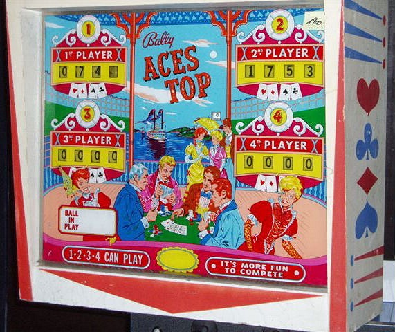 Aces Top is a vintage electro-mechanical pinball machine released by Bally in 1965. It features a classic card game theme with vibrant artwork and engaging gameplay.