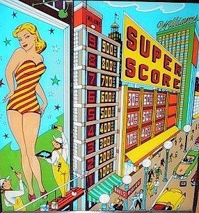 Super Score is a classic electro-mechanical pinball machine released by Williams in 1956. It features a single-player layout with a variety of scoring opportunities and vintage artwork typical of the era.
