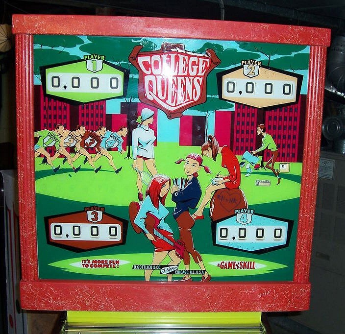 College Queens is an electro-mechanical pinball machine released by Gottlieb in 1969. It features a classic design typical of late 1960s pinball machines, with colorful artwork and mechanical scoring.