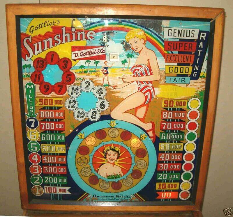 Sunshine is a classic electro-mechanical pinball machine released by Gottlieb in 1958. It features a bright, sunny theme with vibrant artwork and engaging gameplay typical of the era.