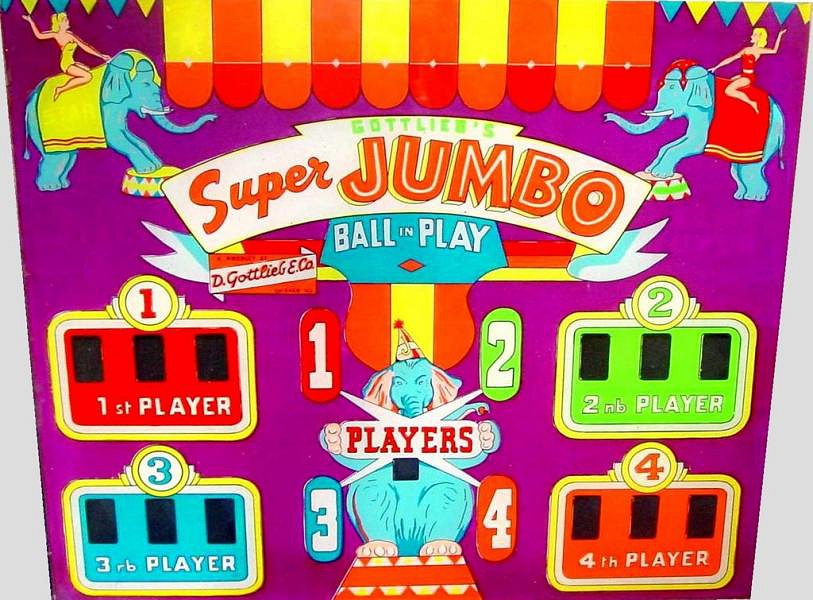 Super Jumbo is a vintage pinball machine released by Gottlieb in 1954. It is known for its captivating artwork and classic pinball mechanics.
