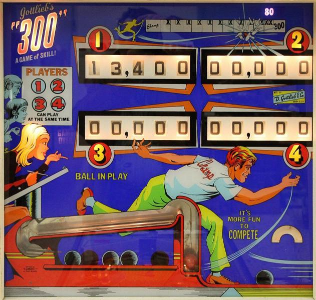 300 is an electro-mechanical pinball machine designed by Ed Krynski and released by Gottlieb in 1975. It has a bowling theme and is known for its engaging playfield and use of colorful artwork.