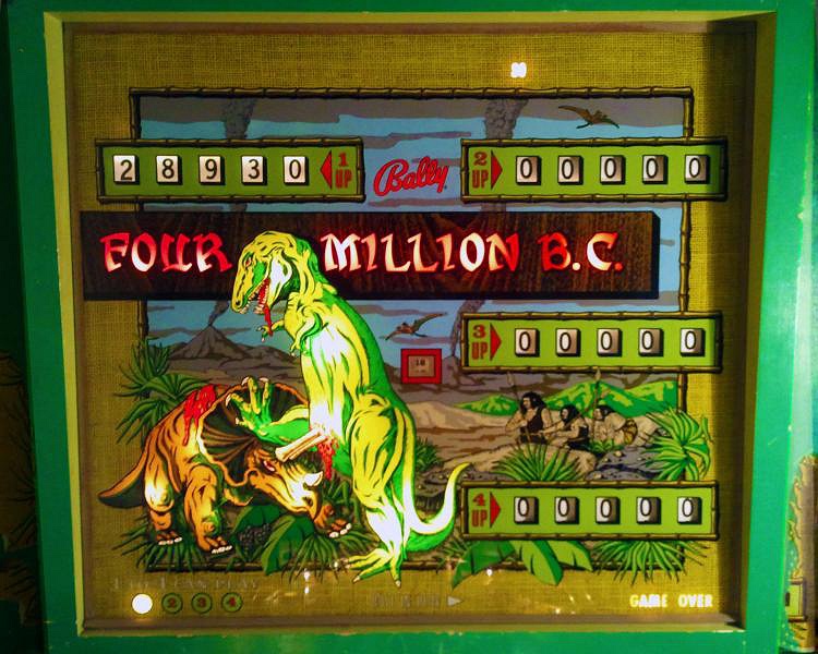 Four Million B.C. is a 1971 electro-mechanical pinball machine by Bally featuring a prehistoric theme.