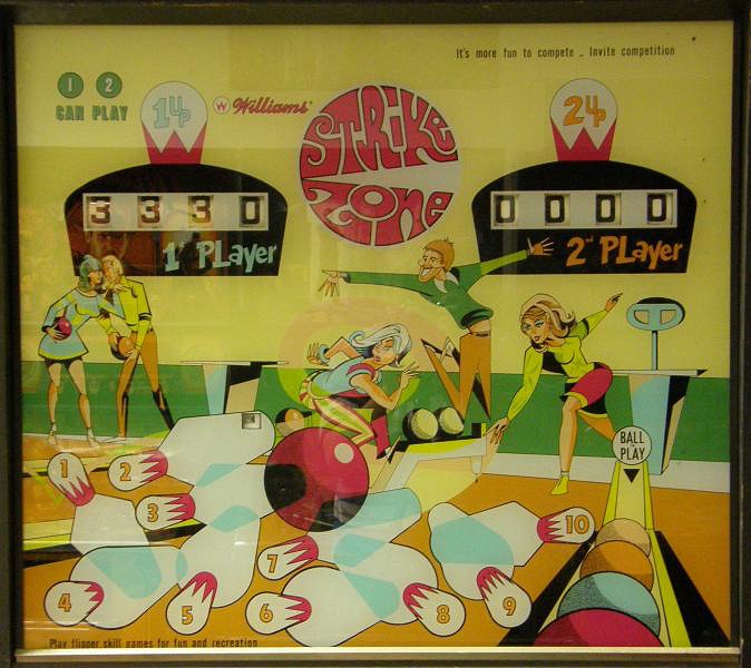 Strike Zone is a vintage pinball machine manufactured by Williams in 1970. It is a shuffle alley game featuring a bowling theme.