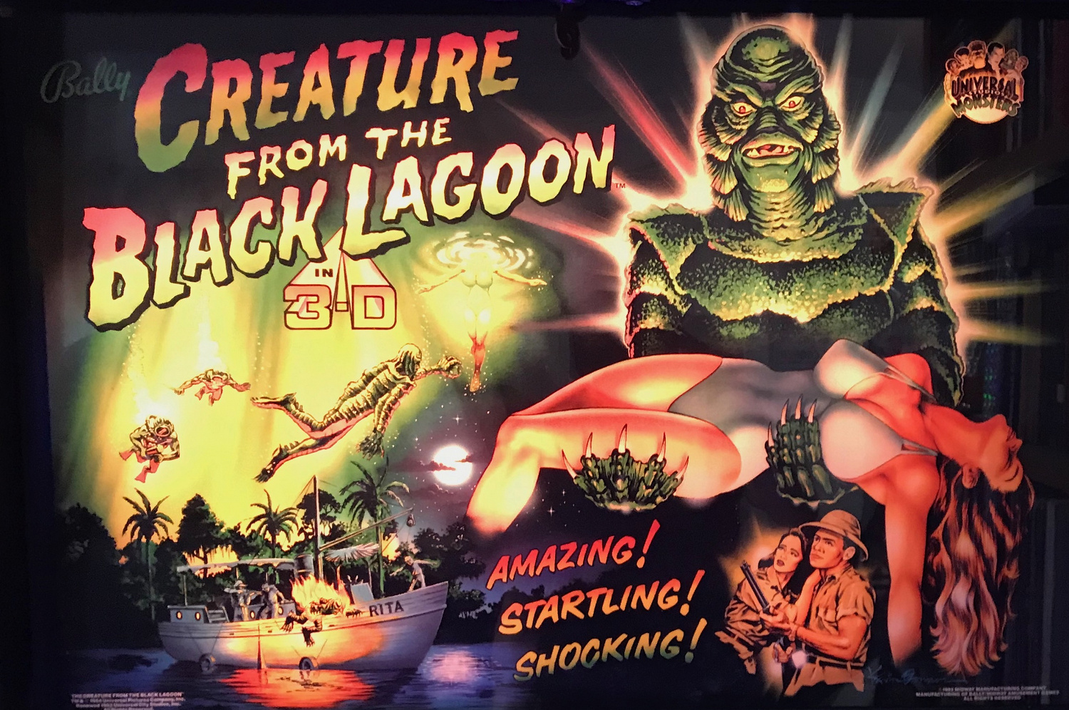 Creature from the Black Lagoon is a pinball machine designed by John Trudeau and produced by Bally, based on the classic 1954 Universal monster movie. The machine features a retro drive-in movie theme with captivating sound, graphics, and an exciting gameplay experience.