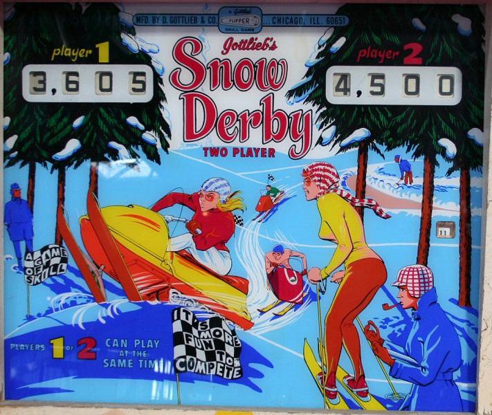 Snow Derby is a pinball machine released by Gottlieb in 1970, featuring a winter sports theme with ski slopes and snowy landscapes.