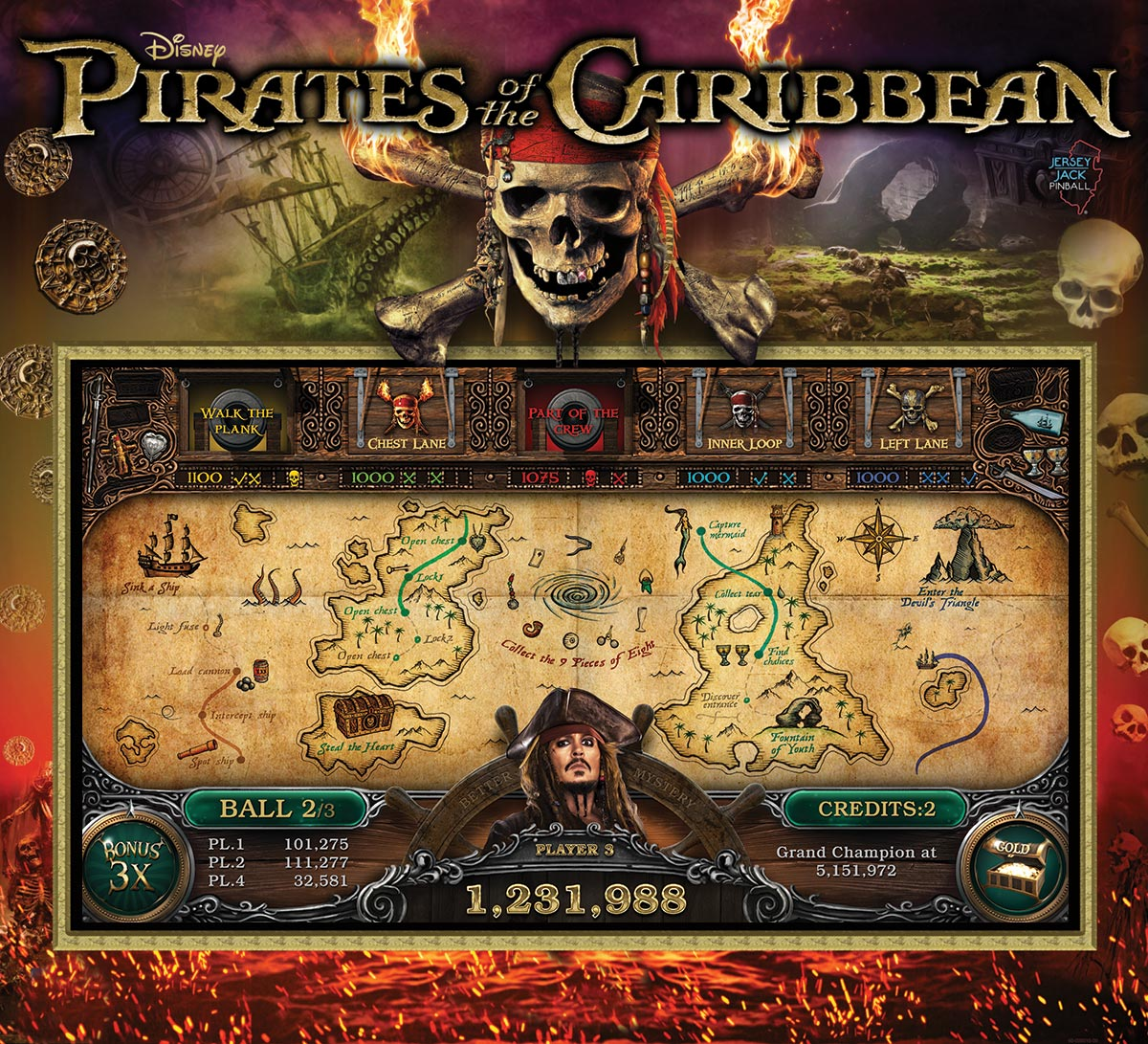 A pinball machine based on Disney's popular Pirates of the Caribbean franchise, featuring swashbuckling action and a variety of engaging play modes.
