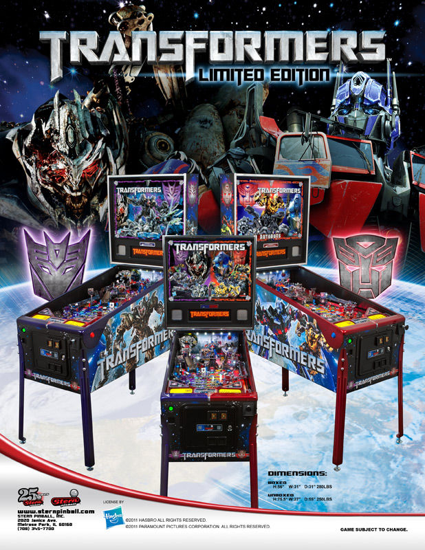 Transformers Autobot Crimson (LE) is a limited edition pinball machine released by Stern in 2010. It is themed after the popular Transformers franchise, featuring characters and imagery from the series.