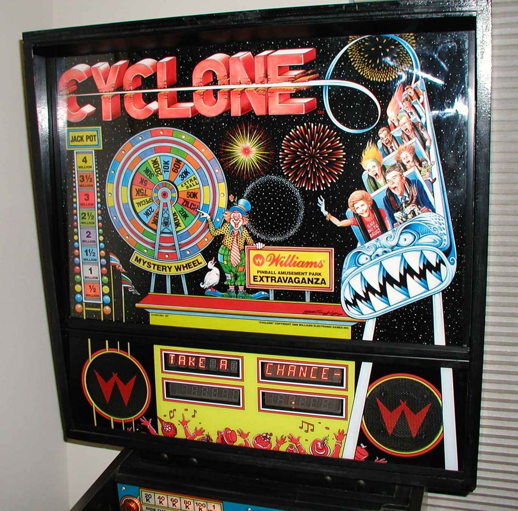 Cyclone is a pinball machine released by Williams in 1988. It features a carnival theme with roller coasters and a ferris wheel as central elements.