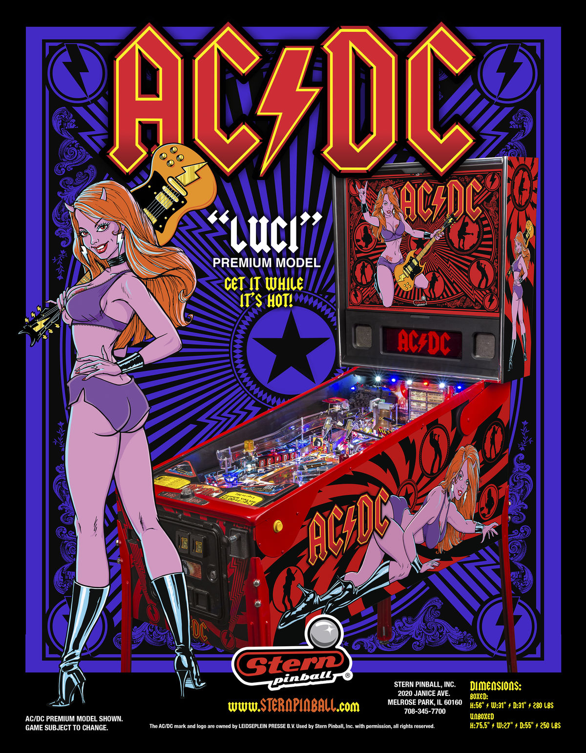 AC/DC (LUCI) is a limited edition pinball machine designed by Stern Pinball. Known for its vibrant artwork and tribute to the legendary rock band AC/DC.
