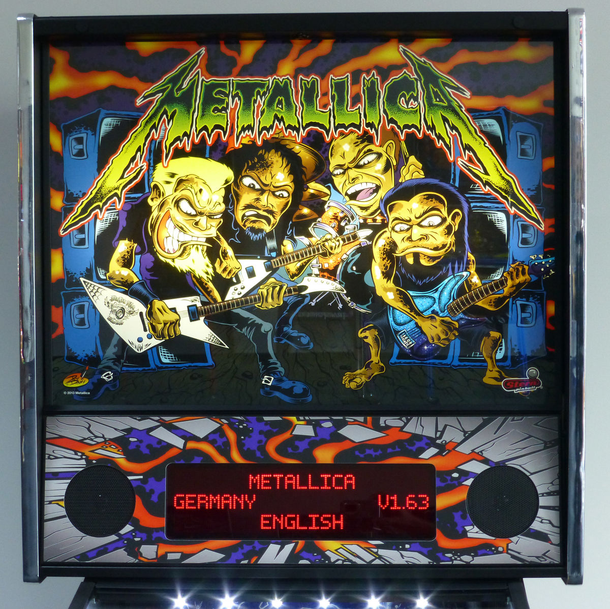 Metallica (Pro LED) is a pinball machine released by Stern in 2014 featuring the iconic heavy metal band Metallica. The machine is known for its fast-paced action, music themes, and immersive gameplay.