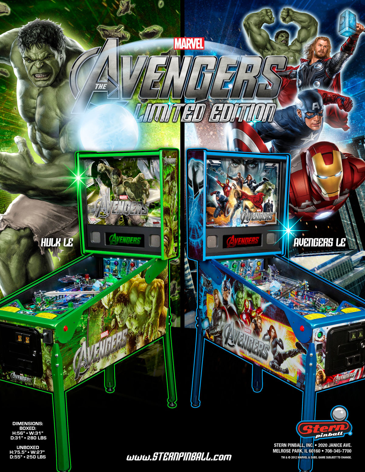 The Avengers Hulk Limited Edition is a pinball machine released by Stern in 2011. It is based on the popular Avengers franchise and features custom speech by the actors and action-packed gameplay.
