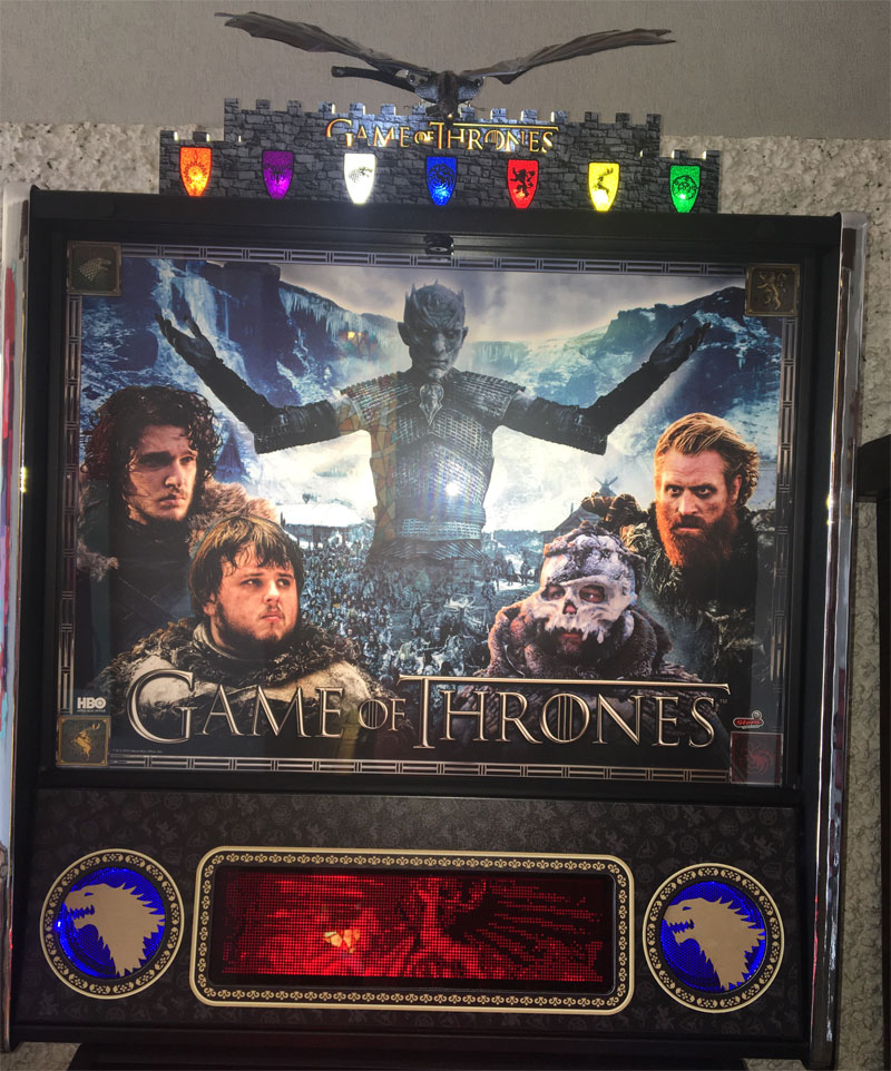 Game of Thrones (Premium) is a pinball machine made by Stern, based on the popular TV series. The machine offers players an immersive experience with themed artwork, sound effects, and gameplay that draws upon the epic battles and intrigue of Westeros.