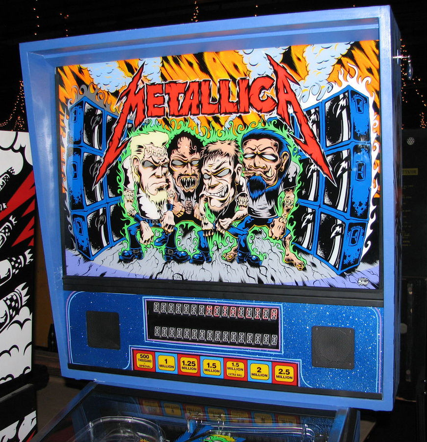 Metallica (Retheme) is a custom pinball machine by Williams, integrating the iconic heavy metal band's theme with classic pinball gameplay.
