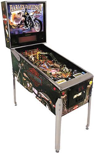 A pinball machine themed around the iconic Harley-Davidson motorcycles, produced by Stern Pinball.