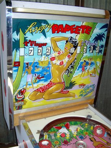 Happy Papeete is a vintage pinball machine produced by Rally in 1962. It is a classic example of early 1960s pinball design, featuring intricate artwork and mechanical gameplay.