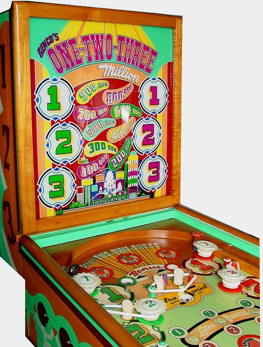 One-Two-Three is a classic vintage pinball machine released by Genco in 1948. It features a simple yet engaging gameplay design, typical of the era, focusing on achieving the highest score by hitting specific targets.