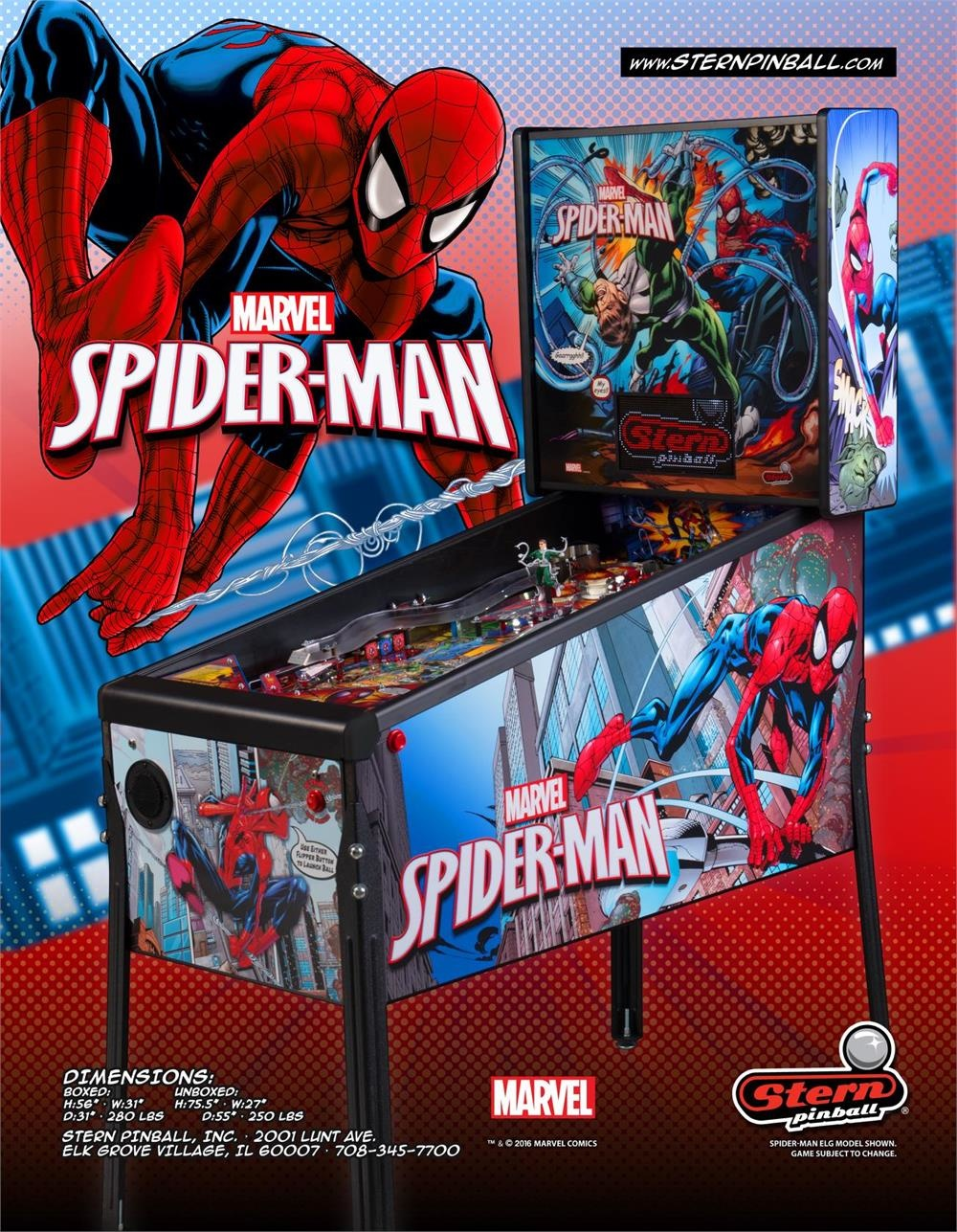 Spider-Man (Home Edition) is a pinball machine produced by Stern Pinball, offering a fun and engaging experience in a home-friendly format. It maintains the Spider-Man theme and delivers an exciting play similar to the arcade experience.