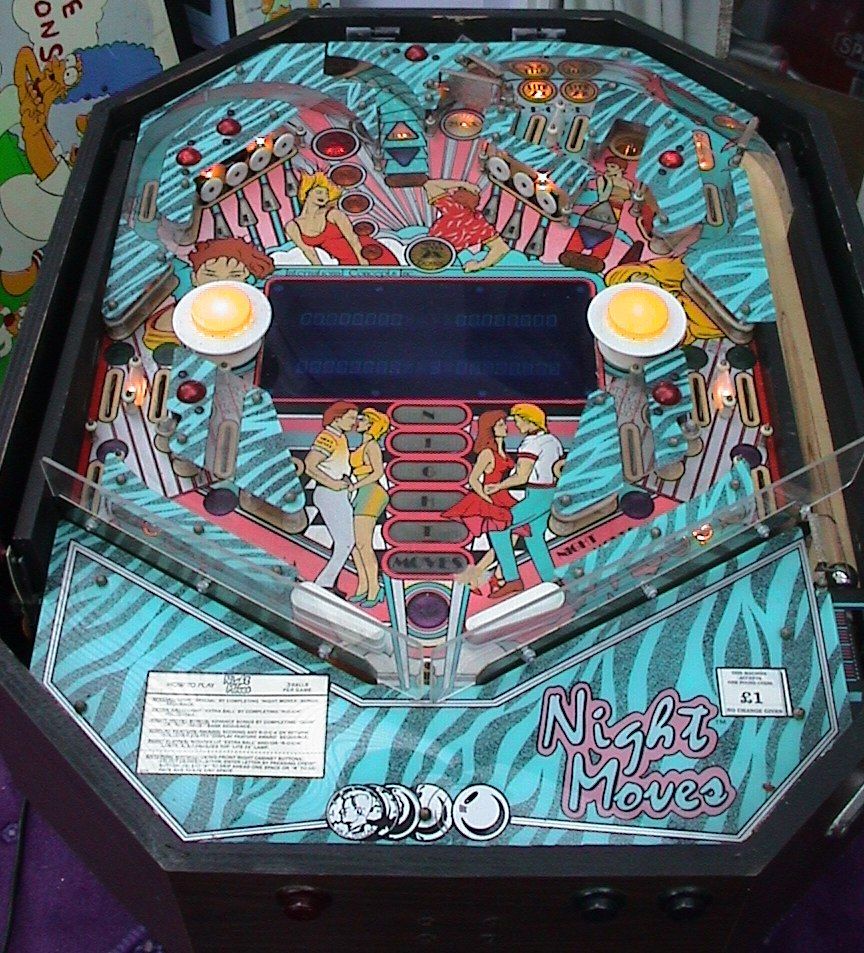 Night Moves is a cocktail-style pinball machine released by International Concepts in 1988. It features a unique layout designed for home use and limited production.
