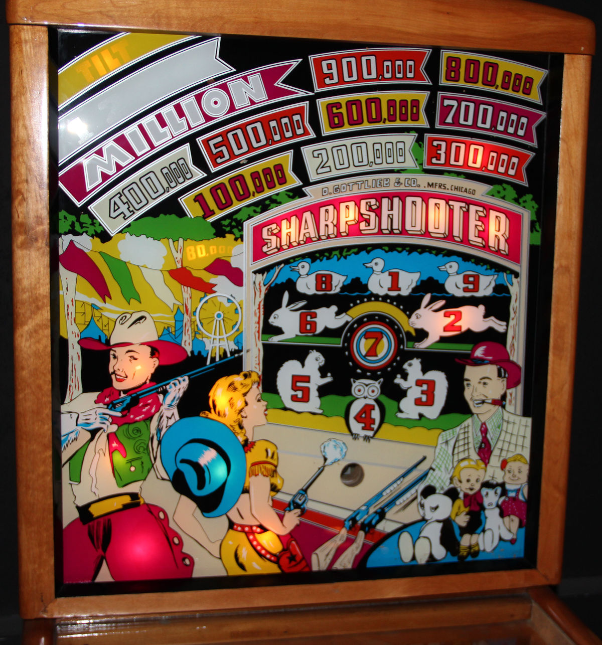 Sharpshooter is a pinball machine designed and produced by Gottlieb in 1949. It features a classic western theme, typical of this era of pinball machines.