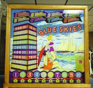 Blue Skies is a vintage pinball machine released in 1948 by United. It features a classic design typical of the post-war era with mechanical scorekeeping and a wooden exterior.